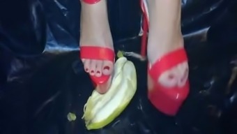 Hot Red High Heels Crush A Banana