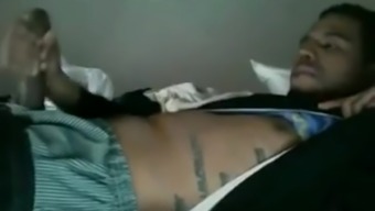 Black Guy Lying On The Bed, Jerks Off His Cock And Cums On His Belly