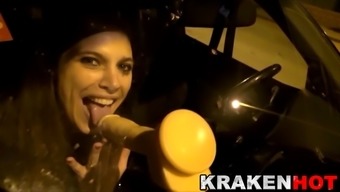 Krakenhot - Crazy Girl In Public Sucking A Dildo In The Car