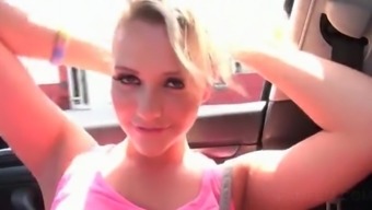 Playful Blonde Teenie Showing Perky Tits In Car