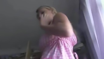Blonde Teasing Showing Pink Sheer Thong Bending Over Upskirt
