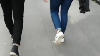 Round Ass In Blue Jeans Walking In The Street 