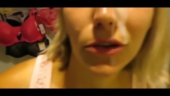 German Slut Takes Huge Facials In Changing Room