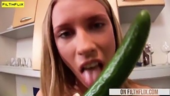 Hot Blonde Slut Uses Cucumber To Fuck Her Pussy