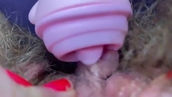 Testing Pussy Licking Clit Licker Toy Big Clitoris Hairy Pussy In Extreme Closeup Masturbation