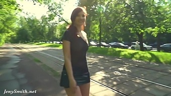 Summer Walk. Jeny Smith Walking In Public With The Transparent Dress