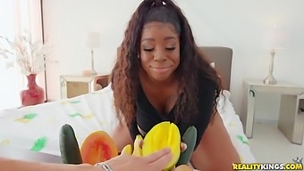 Dark-Skinned Bbw Plays With Cucumber Before Getting - Ms London And Logan Long