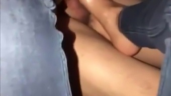 Black Nails With Toe Ring In Jeans Footjob