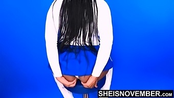 Winking My Sphincter & Blowing Asshole Kiss During Photo Shoot That Got Really Erotic, Sheisnovember Pull Panties To The Side Exposing Her Ebony Anus And Fatass While Sitting & Posing On Stool In Little Blue Dress With Bubblebutt By Msnovember