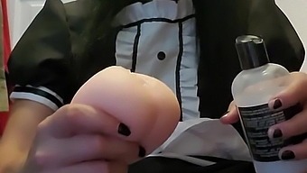 Trans In Maid Uniform Jerks Off The Dick With Fake Vag