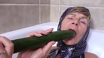 Big Natural Boobs Grandma Nikola Volt Takes A Soapy Shower And Destroying Her Old Pussy With A Big Cucumber