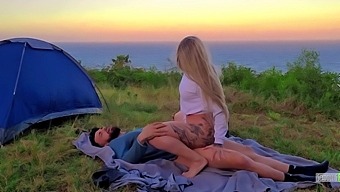 Blonde Chick Opens Her Mouth And Gives Oral Foreplay Before Camping Sex