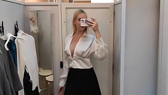 Blonde Bombshell Models See-Through Lingerie In A Changing Room