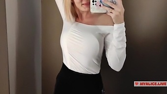Big Tits Blonde Tries On See-Through Clothing In A Mall Changing Room
