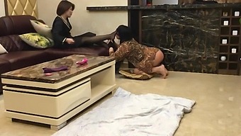 Asian Mature Woman In Stockings Humiliates Crossdresser With Sex Toy On The Floor