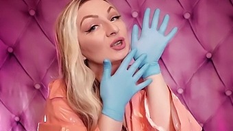 Pov Close-Up Of Arya Grander'S Pink Pvc Coat And Blue Nitrile Gloves In Softcore Asmr Video